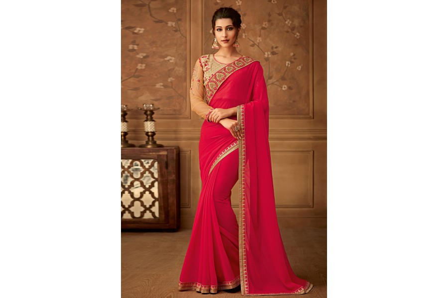 Magenta Printed Georgette Saree With Unstitched Blouse Piece